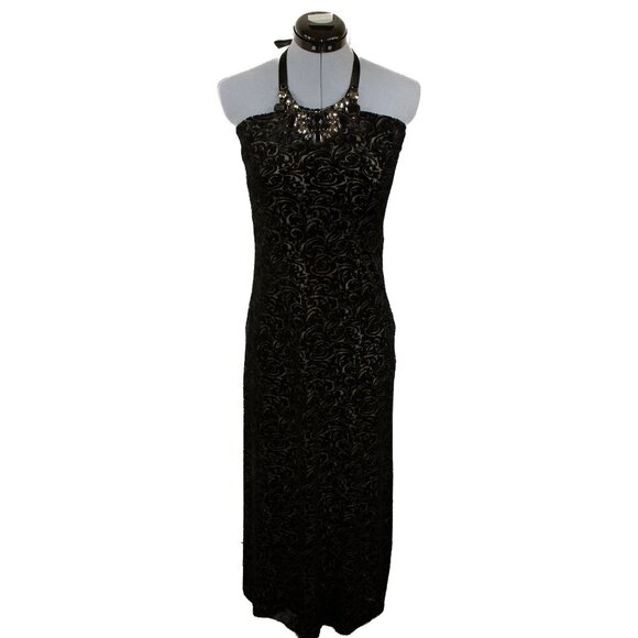 JALOUX Anthropologie Small Black Maxi Dress Burnout Velvet Halter Party Cocktail - Picture 1 of 5